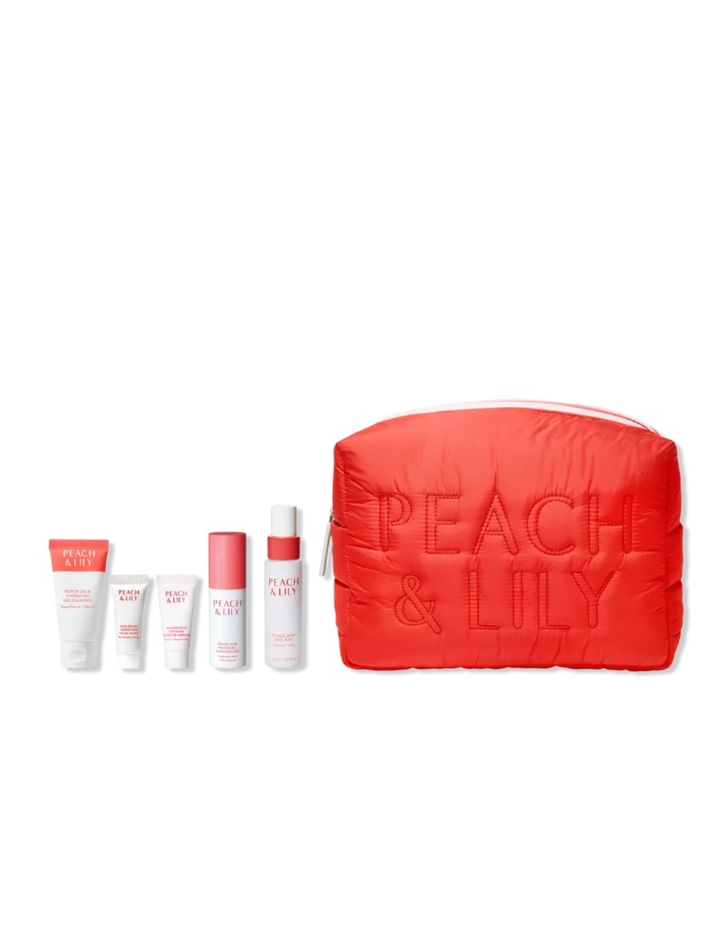 Peach & Lily Coral Quilted Cosmetic Pouch & Skincare Set
